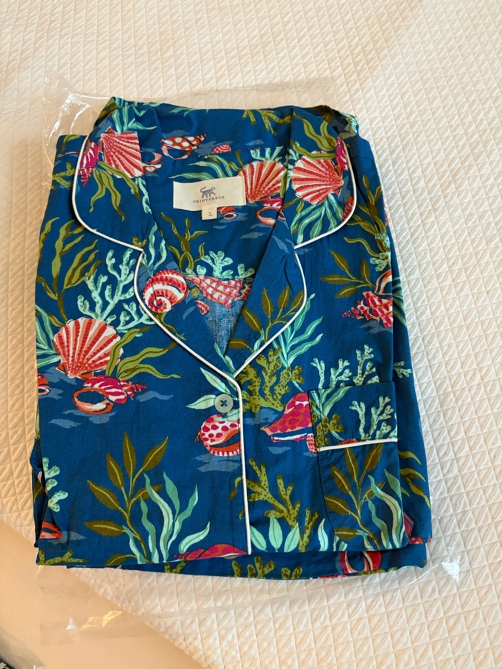 Printfresh Blue Coral Reef Women’s Pajama Top and bottom with Pink Shells